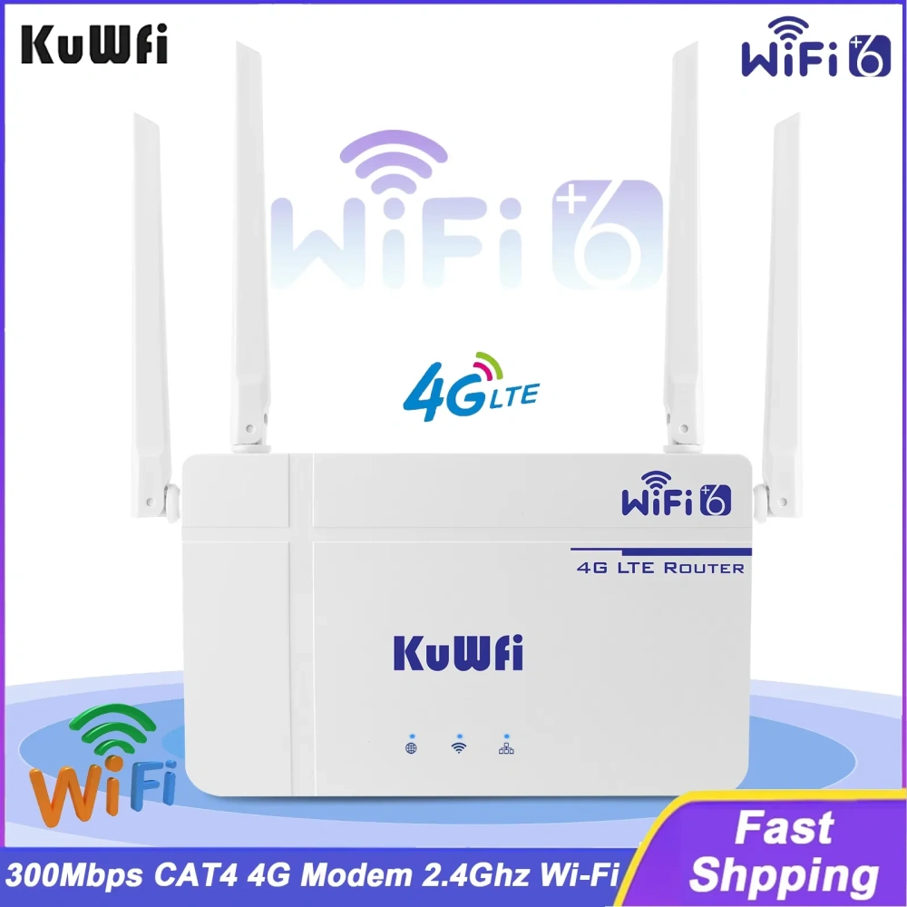 KuWFi 300Mbps CAT4 CPE Router Wireless WiFi6 Router 4G LTE Router with Ethernet Port SIM Card Slot Antenna Support 10 Users