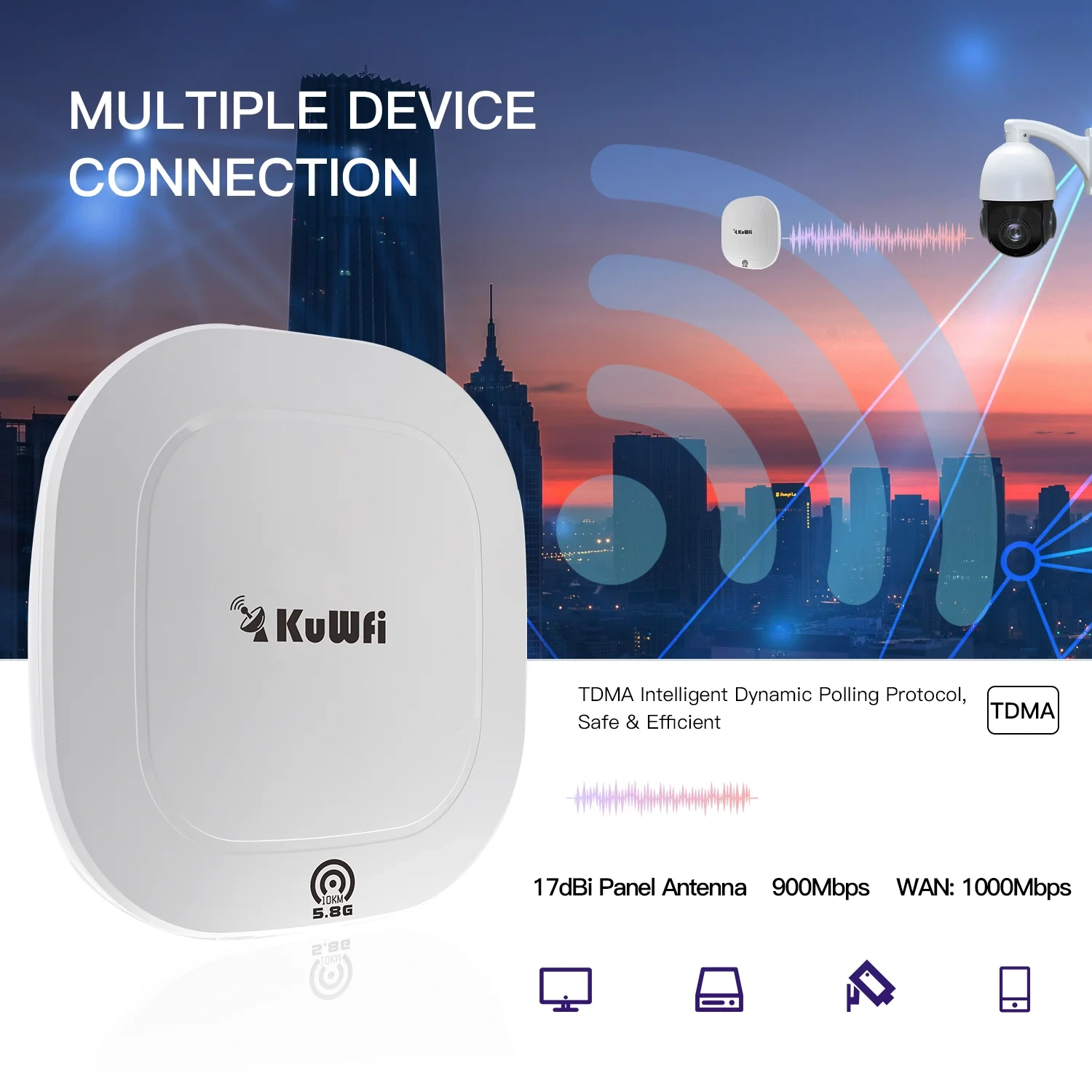 KuWFi 900Mbps CPE Bridge 5GHz Wireless WiFi Bridge Signal Extender Buit-in 17dBi Antenna AP Repeater PTP Up to 10KM Gigabit Port