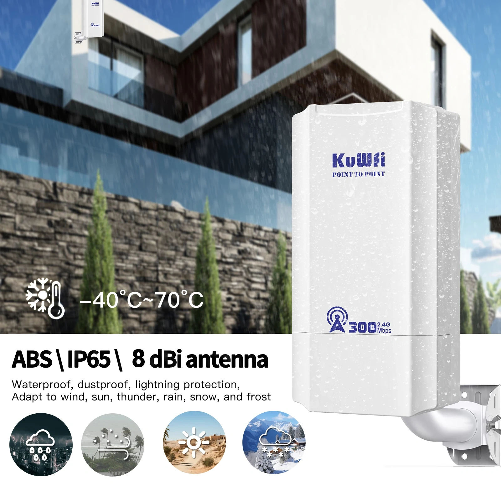 KuWFi Outdoor 300Mbps 2.4Ghz Wi-Fi Router CPE Bridge PTP PTMP 1KM Signal Extender AP Repeater 24V POE for Home Security Camera