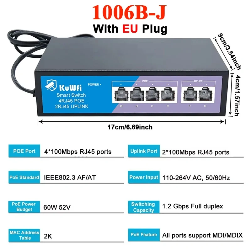 4 8 Port 10/100Mbps Ethernet Fast Switch High Power 60W/120W POE Switch IEEE 802.3AF/AT for IP Camera 4KV Lightning Protection