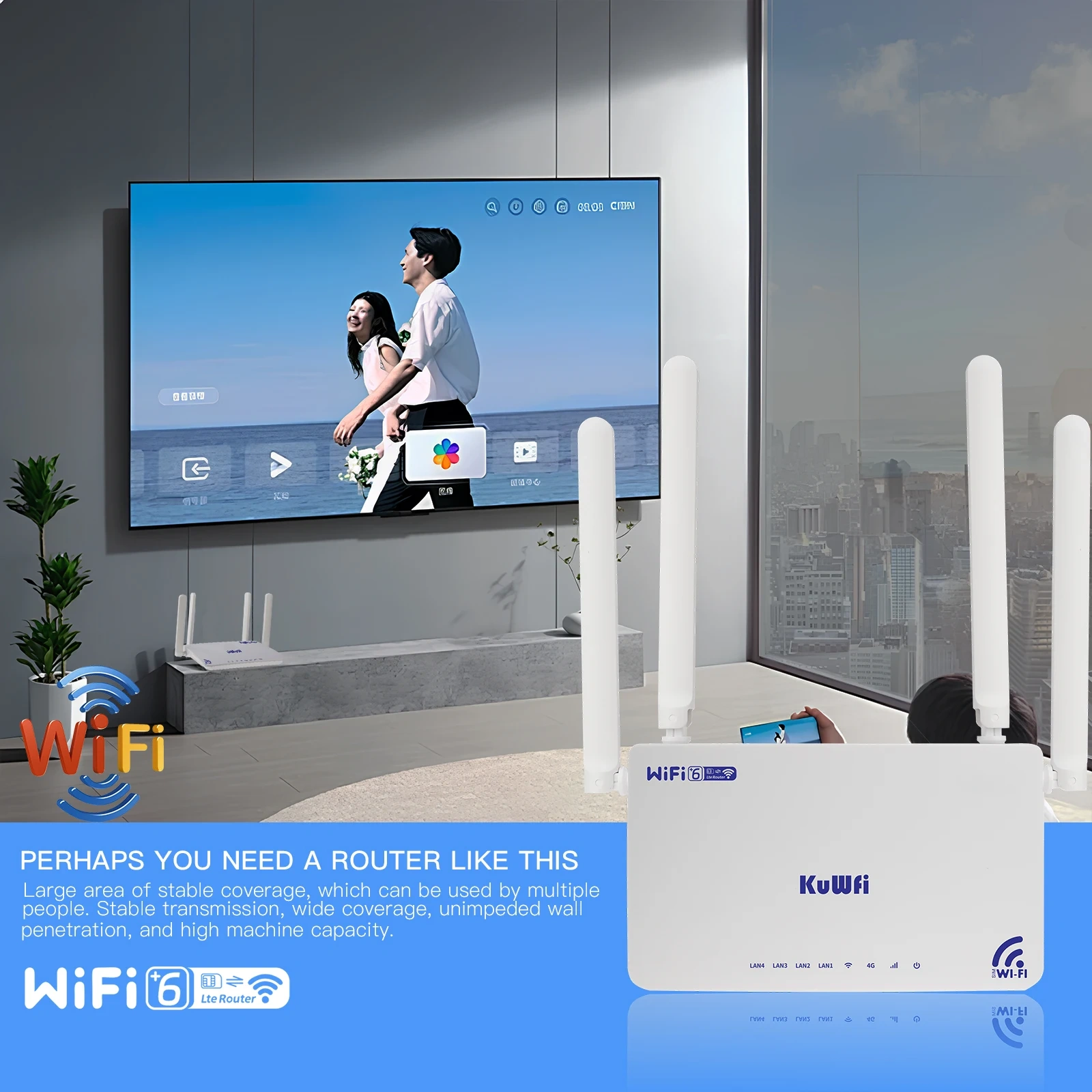 KuWFi CAT4 4G Modem Router 300Mbps 2.4G Wifi6 LTE Router with Antenna 4x Ethernet LAN Port SIM Card Slot Support 32 Users VPN