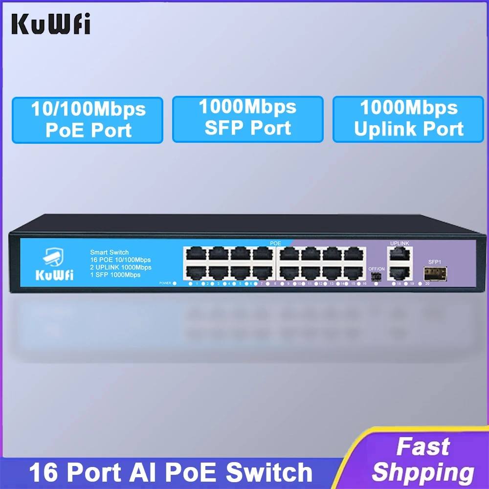 KuWfi 16 Port PoE Switch 100M PoE Ports Ethernet Smart Switch Gigabit Uplink SFP Plug and Play for Office Home Security Camera