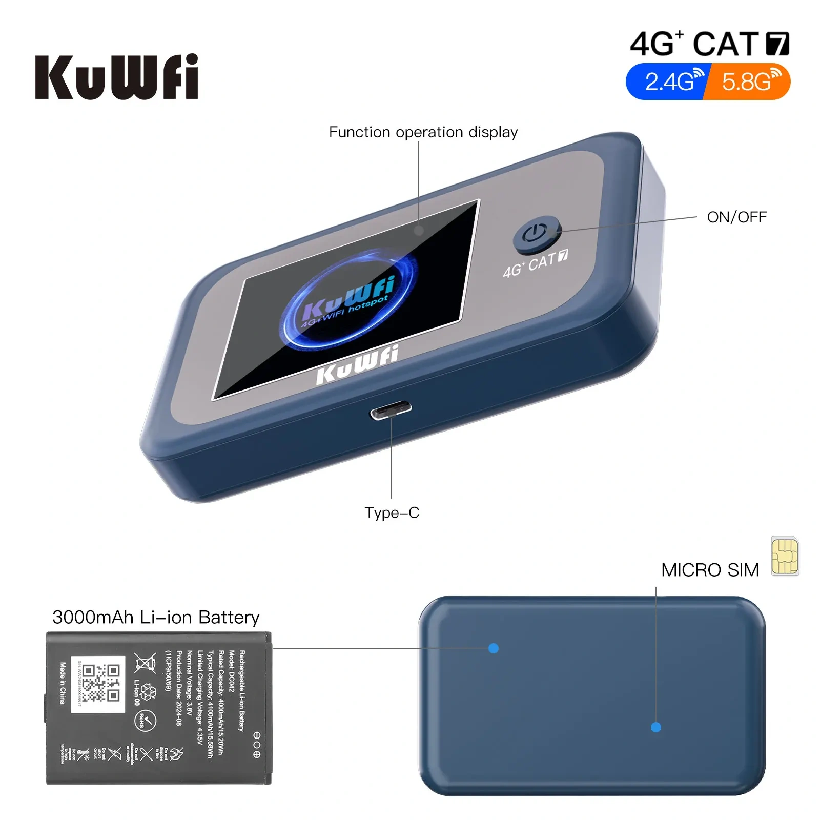 KuWFi CAT7 4G+ Mobile Router AC1200 2.4G 5G Single Band WiFi Portable Travel 4G Modem 3000mAh Battery Mirco SIM Slot 10 Users