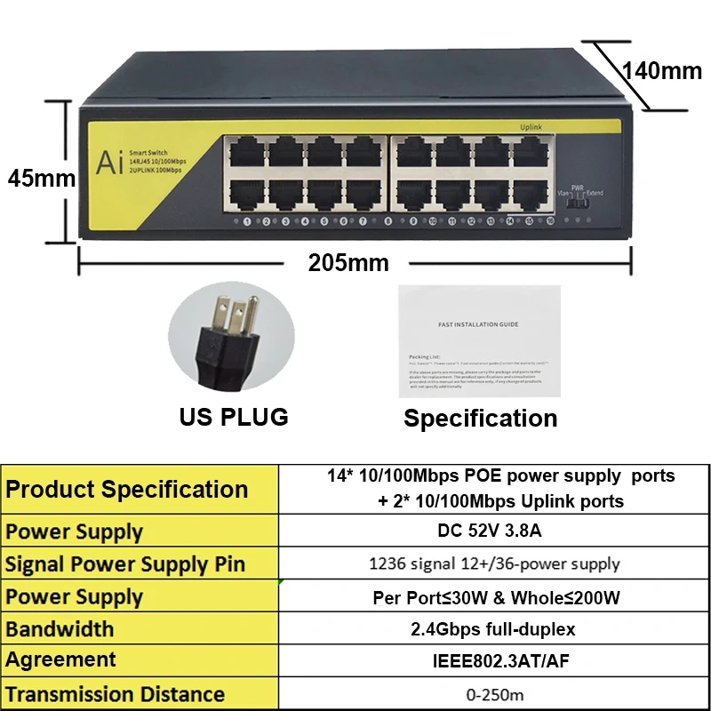 KuWfi 48V POE Switch 16 Port Network Siwtch Ethernet 10/100Mbps for IP Camera/Wireless AP/CCTV Cameras POE Switch IEEE802.3AT/AF