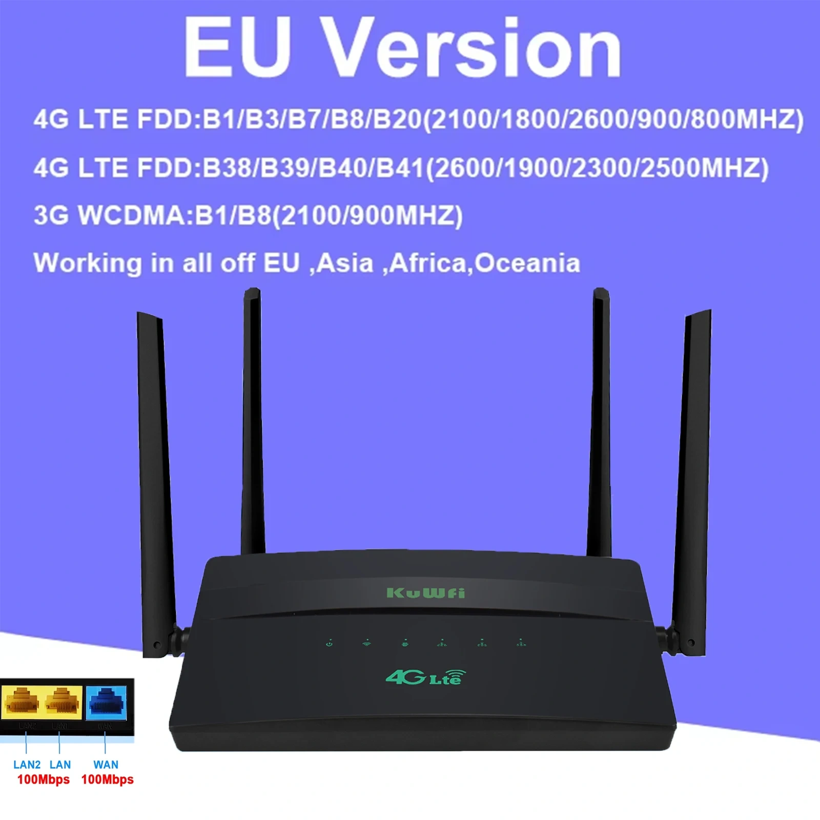 KuWFi CAT6 4G+ LTE Router 1200Mbps 2.4G 5G Dual Band Wireless Wifi Router with SIM Card Slot 100M Ethernet WAN LAN Port 32 Users