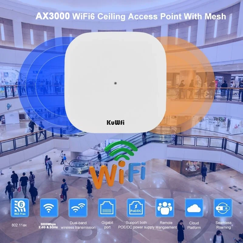 KuWfi AX3000 Ceiling AP Router 3000Mbps 2.4GHz 5GHz Dual Band Wifi6 Router Gigabit Ethernet WAN LAN Port Support 48V POE MESH
