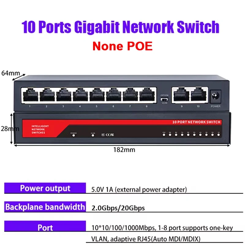 KuWFi 5/8/10 Port Gigabit Ethernet Switch 10 100 1000Mbps Network Switch Fast RJ45 LAN Hub Desktop Switch for Office Home No PoE