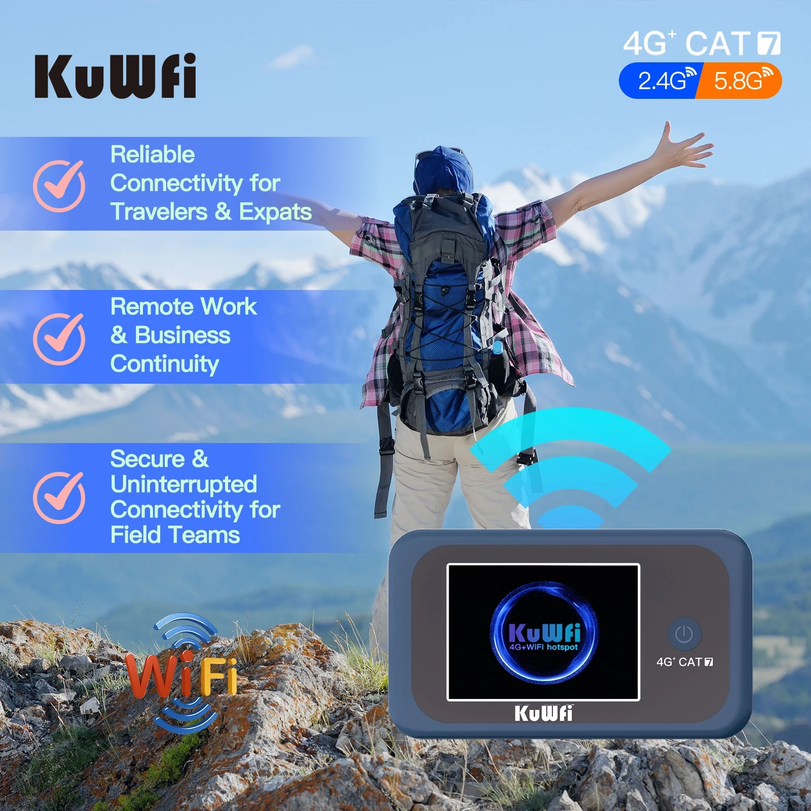 KuWFi CAT7 4G+ Mobile Router AC1200 2.4G 5G Single Band WiFi Portable Travel 4G Modem 3000mAh Battery Mirco SIM Slot 10 Users