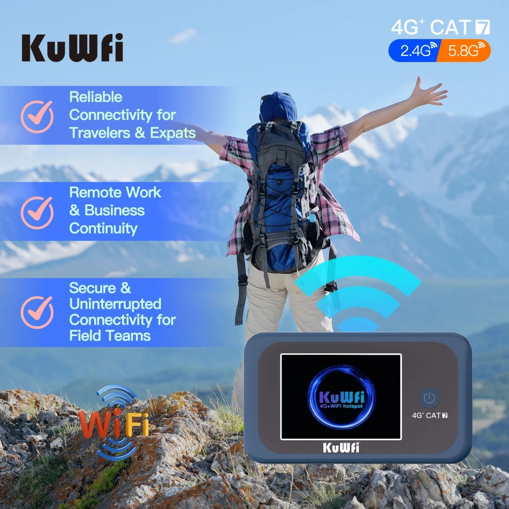 KuWFi CAT7 4G+ Mobile Router AC1200 2.4G 5G Single Band WiFi Portable Travel 4G Modem 3000mAh Battery Mirco SIM Slot 10 Users