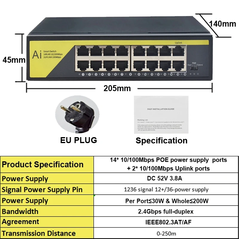 KuWfi 48V POE Switch 16 Port Network Siwtch Ethernet 10/100Mbps for IP Camera/Wireless AP/CCTV Cameras POE Switch IEEE802.3AT/AF