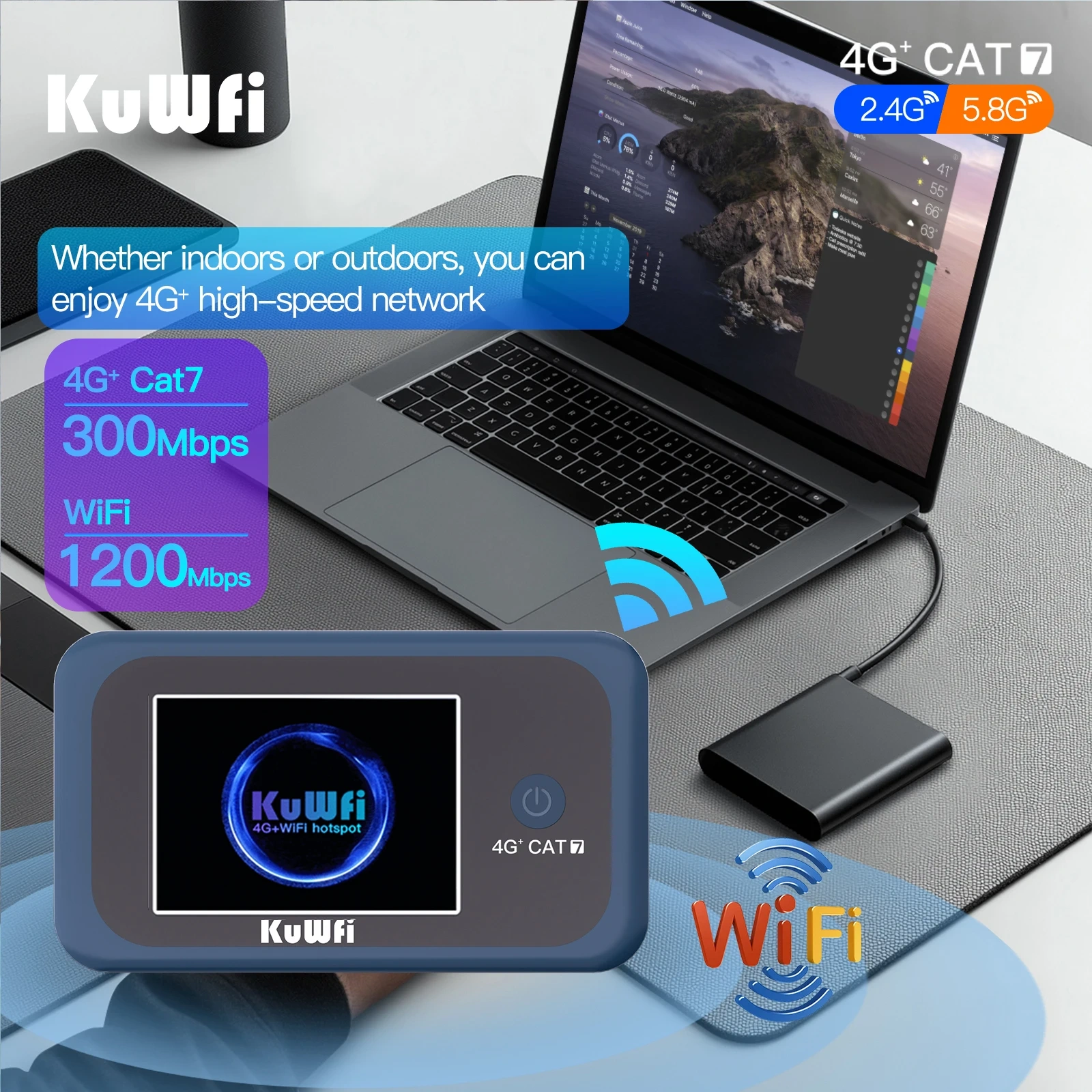 KuWFi CAT7 4G+ Mobile Router AC1200 2.4G 5G Single Band WiFi Portable Travel 4G Modem 3000mAh Battery Mirco SIM Slot 10 Users