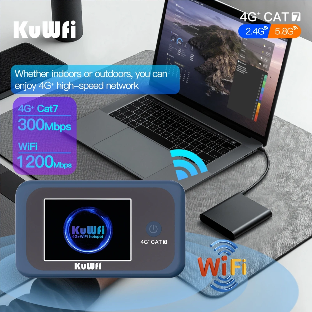 KuWFi CAT7 4G+ Mobile Router AC1200 2.4G 5G Single Band WiFi Portable Travel 4G Modem 3000mAh Battery Mirco SIM Slot 10 Users