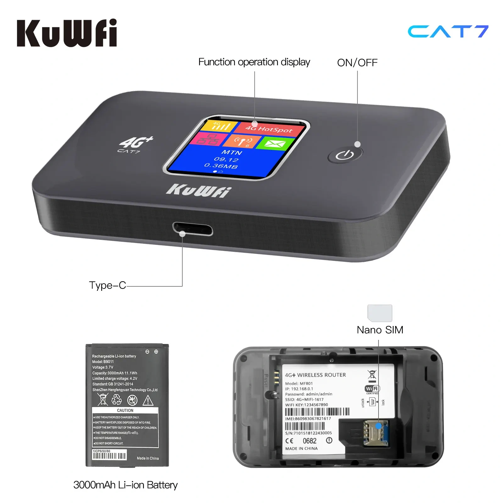 KuWFi CAT7 4G+ Mobile Router 1200Mbps 2.4G/5G Wireless WiFi Rate Portable 4G Modem 3000mAh Battery Plug and Play Support 10 User
