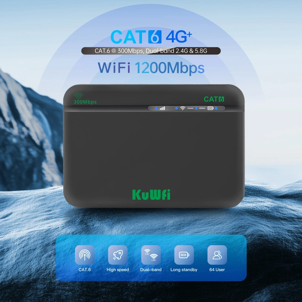 KuWFi CAT6 4G+ Mobile Router 1200M 2.4G 5G Dual Band WiFi Rate Portable Travel 4G Modem 2200mAh Battery Mirco SIM Slot 64 Users