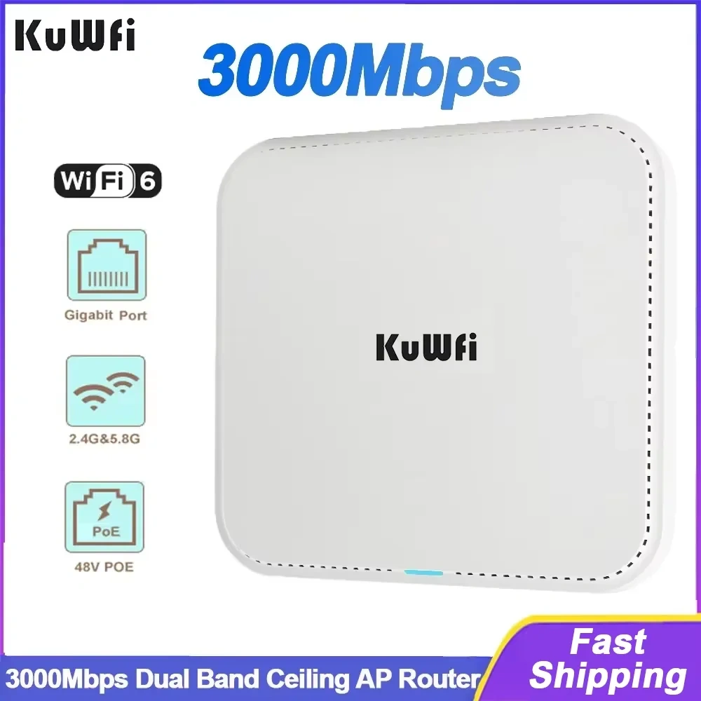 KKuWfi AX3000 Ceiling Wireless AP Router 2.4G 5G Dual Band Wifi 6 Gigabit Ethernet Port WiFi Access Point 48V POE 64 Users