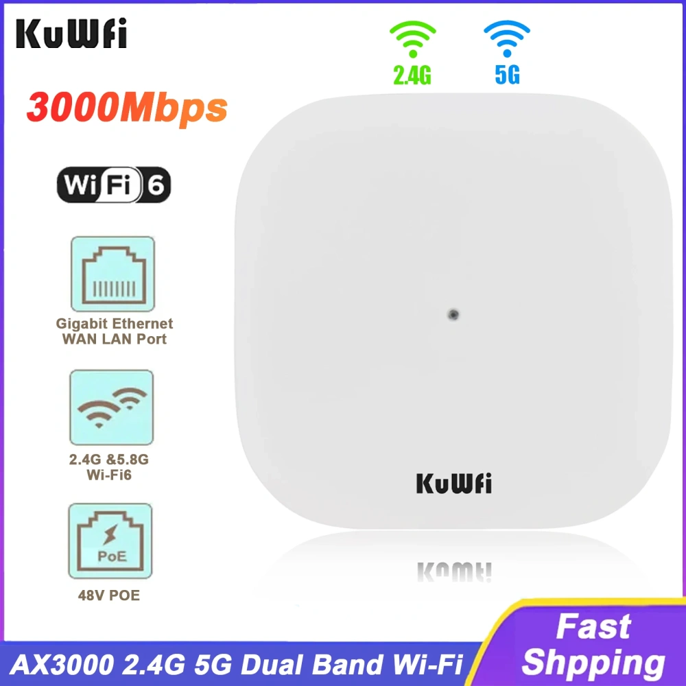 KuWfi AX3000 Ceiling AP Router 3000Mbps 2.4GHz 5GHz Dual Band Wifi6 Router Gigabit Ethernet WAN LAN Port Support 48V POE MESH