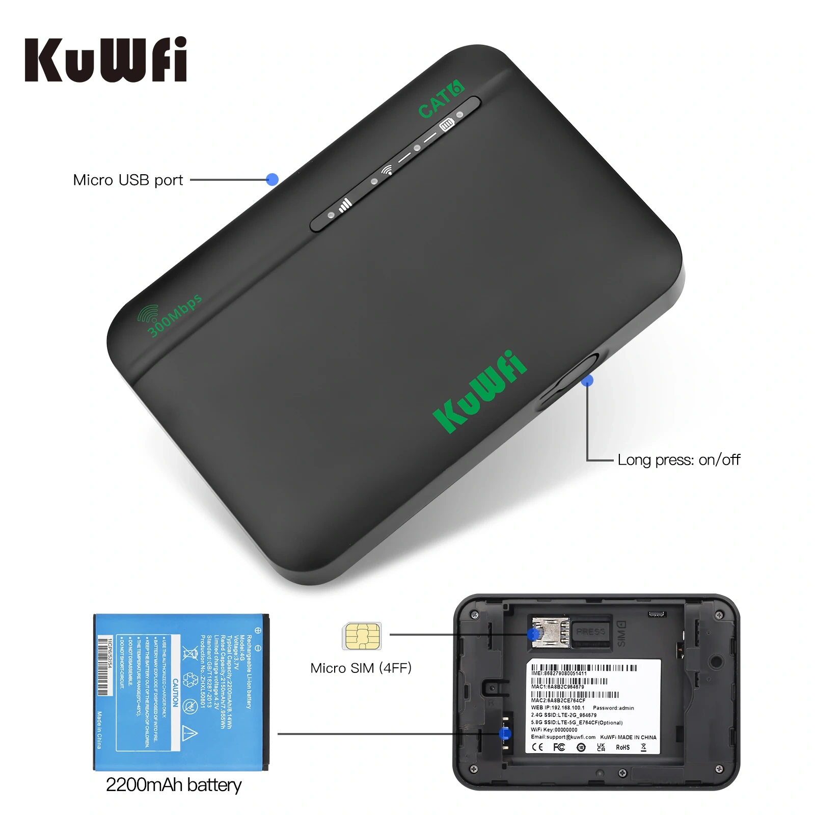 KuWFi CAT6 4G+ Mobile Router 1200M 2.4G 5G Dual Band WiFi Rate Portable Travel 4G Modem 2200mAh Battery Mirco SIM Slot 64 Users