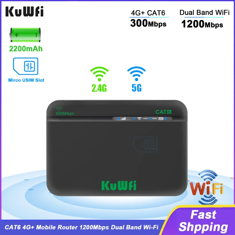 KuWFi CAT6 4G+ Mobile Router 1200M 2.4G 5G Dual Band WiFi Rate Portable Travel 4G Modem 2200mAh Battery Mirco SIM Slot 64 Users