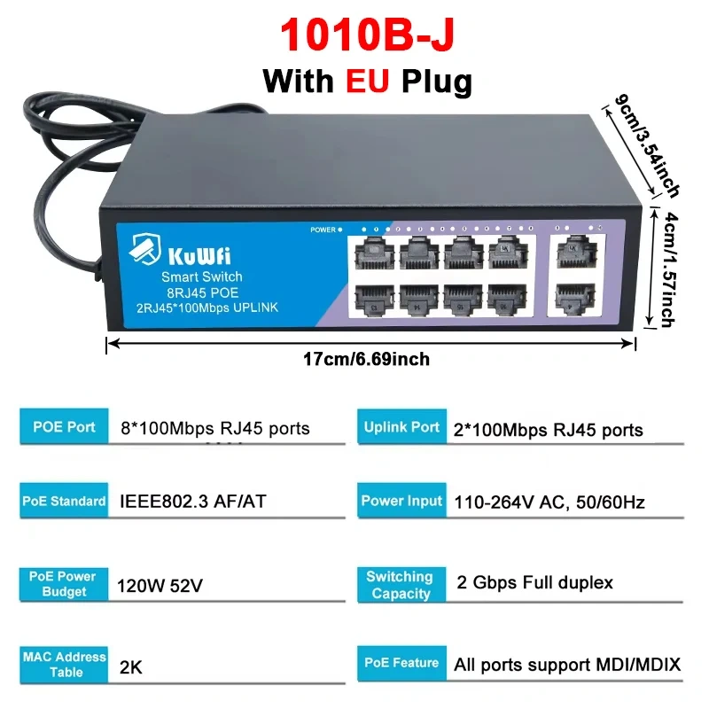 KuWfi 8 Ports POE Switch 100Mbps Ethernet Network Switch 4KV Lightning Protection Plug and Play for CCTV IP Camera Home Security