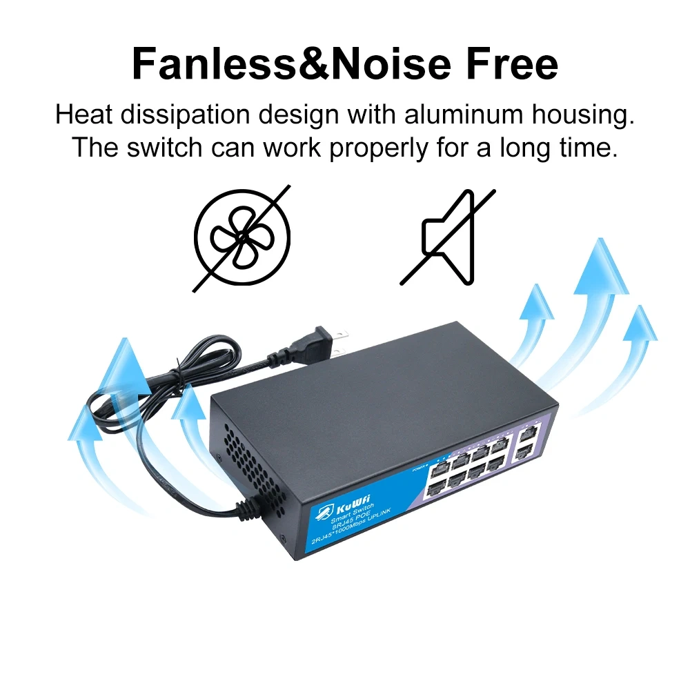 KuWfi 8 Ports POE Switch 100Mbps Ethernet Network Switch 4KV Lightning Protection Plug and Play for CCTV IP Camera Home Security