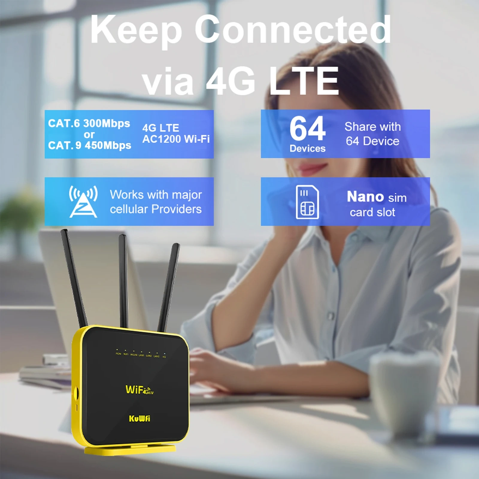 KuWFi CAT6 CAT9 4G+ Router 1200Mbps 2.4G 5GHz WiFi Router 4G LTE Modem Gigabit WAN LAN Port with SIM Card Slot AP Repeater Mode