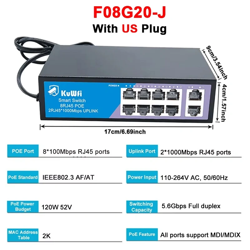 KuWfi 8 Ports POE Switch 100Mbps Ethernet Network Switch 4KV Lightning Protection Plug and Play for CCTV IP Camera Home Security