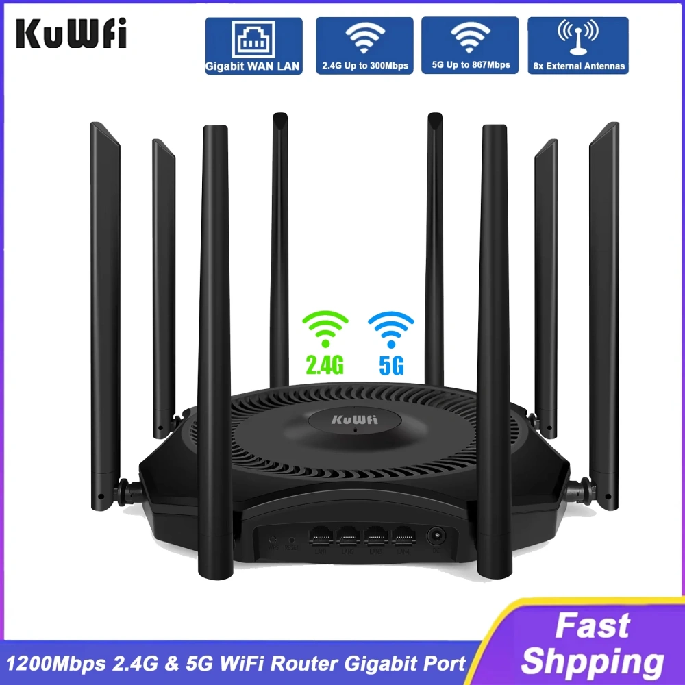 KuWFi 1200Mbps AP Router 11ac 2.4G 5G Dual Band WiFi Router External Antennas Gigabit WAN LAN Port Support 64 Users MESH VPN