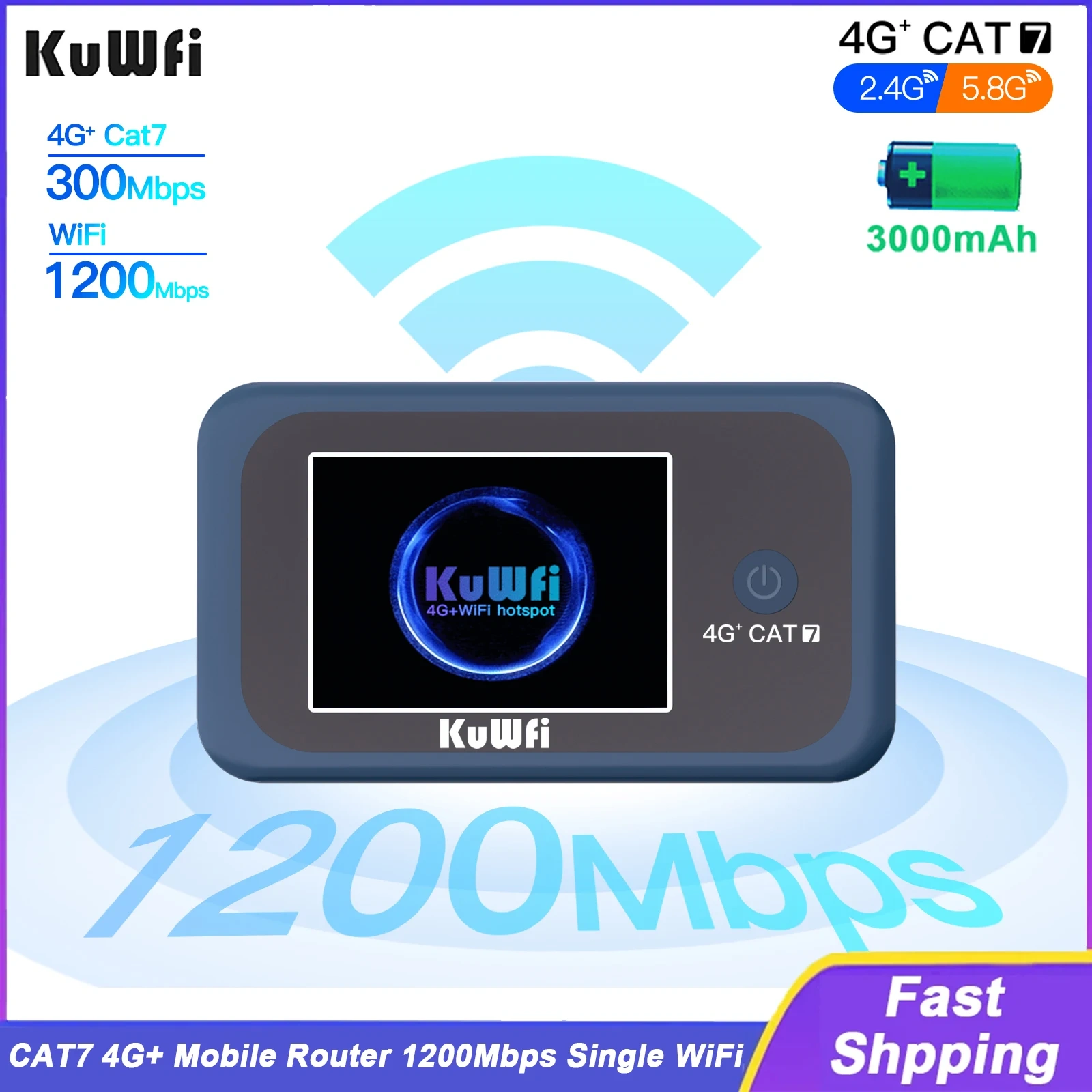 KuWFi CAT7 4G+ Mobile Router AC1200 2.4G 5G Single Band WiFi Portable Travel 4G Modem 3000mAh Battery Mirco SIM Slot 10 Users