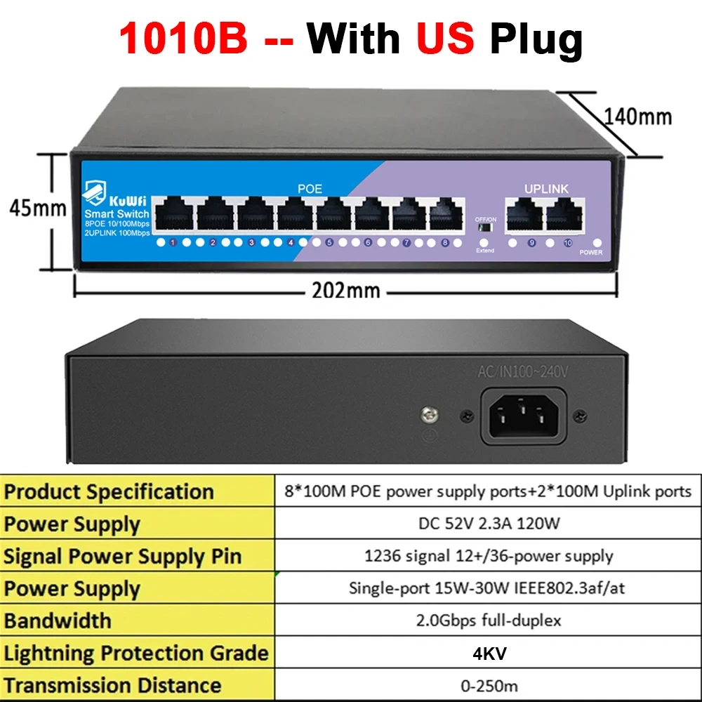 KuWfi 8 Ports POE Switch 100Mbps Ethernet Network Switch 4KV Lightning Protection Plug and Play for CCTV IP Camera Home Security