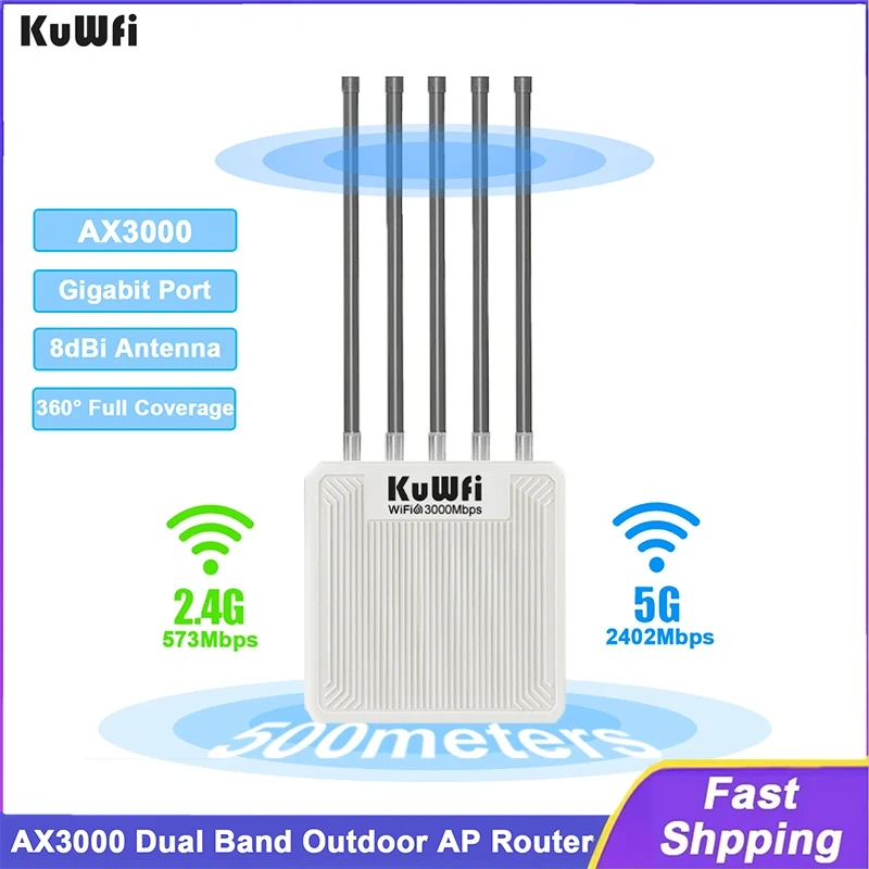 KuWFi AX3000 Outdoor AP Router 11ax Dual Band WiFi6 8dBi High-gain Antenna Long Range WiFi Extender Gigabit Port 48V POE IP67