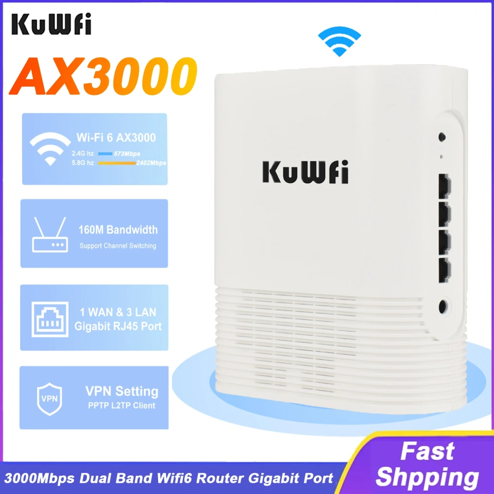 KuWFi 3000Mbps 2.4G 5.8G Dual Band Wireless Wi-Fi6 Router Gigabit WAN LAN Port Built-in WiFi Antenna Support VPN MESH 128 Users