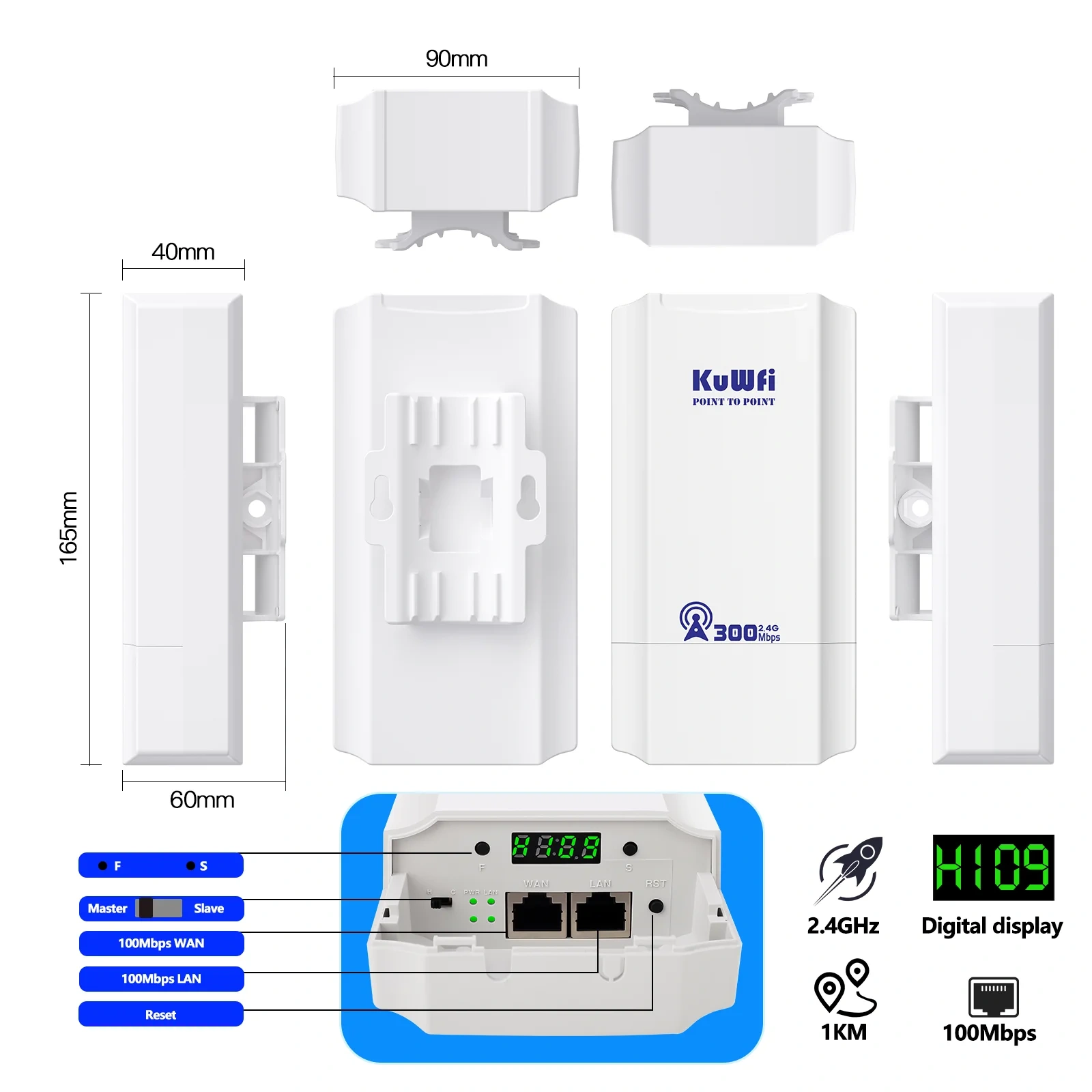 KuWFi Outdoor 300Mbps 2.4Ghz Wi-Fi Router CPE Bridge PTP PTMP 1KM Signal Extender AP Repeater 24V POE for Home Security Camera