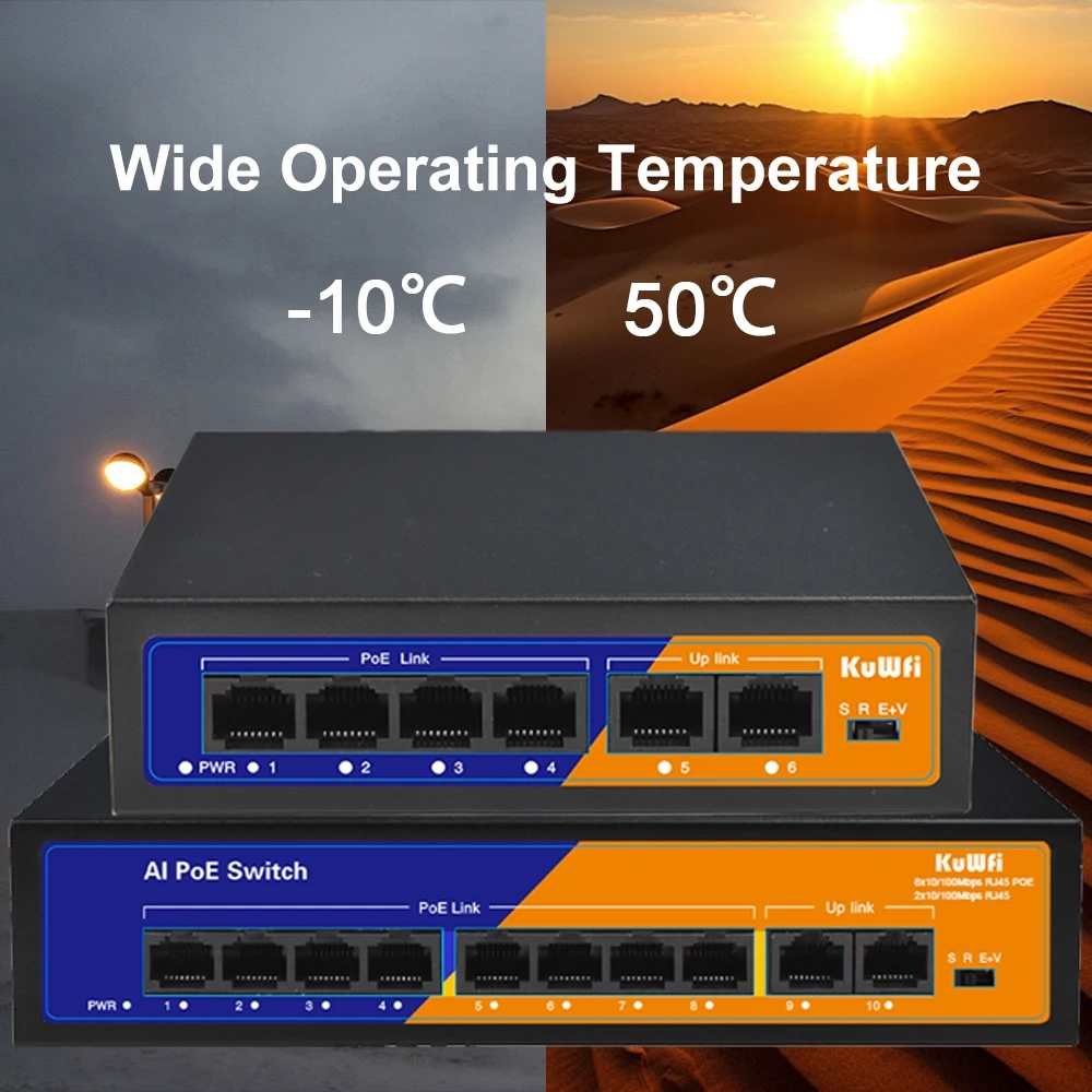 KuWFi 4/8 Port POE Switch 10/100Mbps Ethernet Network Switch Plug and Play Extend Mode 250 Meter for IP Camera AP Router CCTV