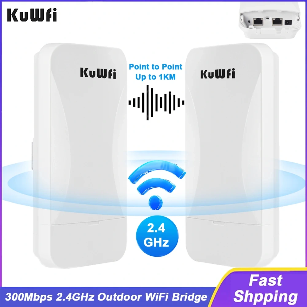 KuWfi 300Mbps 2.4G Outdoor WiFi Bridge AP Repeater Bridge Wifi Signal Extender Point to Point Up to 1KM with WAN LAN 24V POE