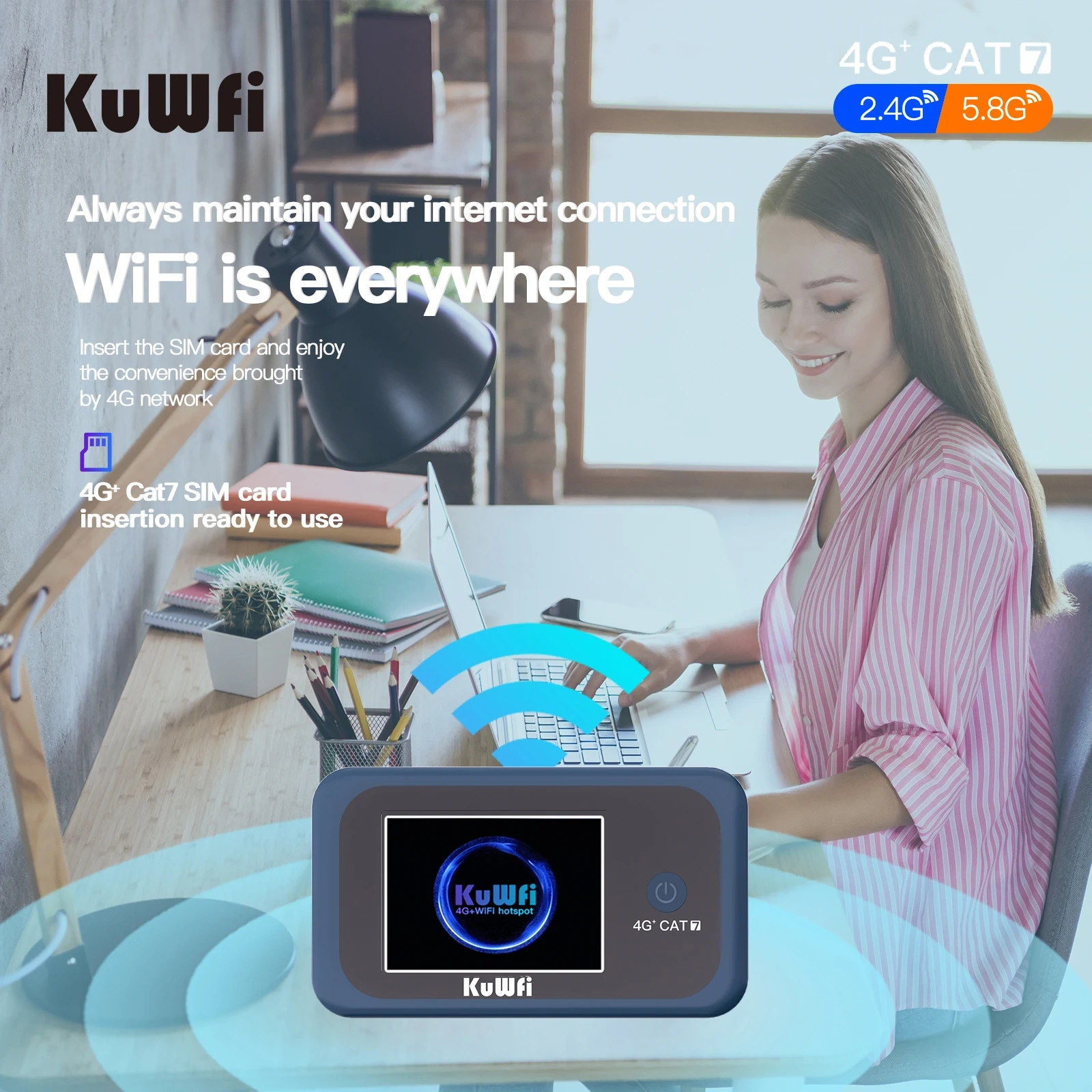 KuWFi CAT7 4G+ Mobile Router AC1200 2.4G 5G Single Band WiFi Portable Travel 4G Modem 3000mAh Battery Mirco SIM Slot 10 Users