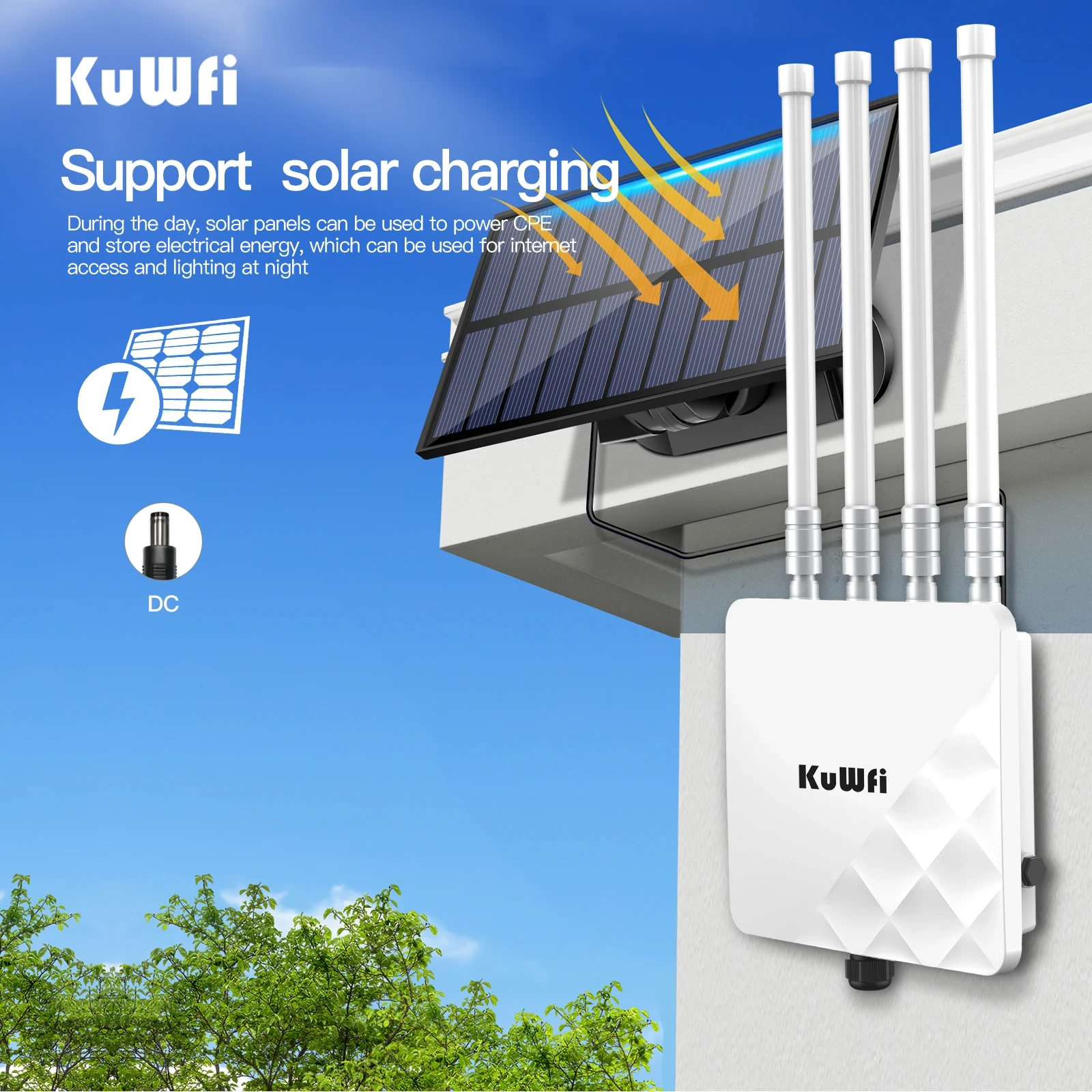 KuWFi AX3000 Outdoor AP Router Dual Band WiFi6 Long Range Extender Repeater Gigabit Ethernet SFP Port 48V POE Solar DC Powered