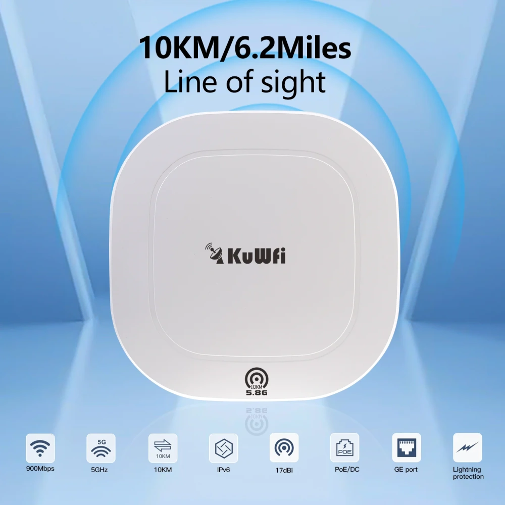 KuWFi 900Mbps CPE Bridge 5GHz Wireless WiFi Bridge Signal Extender Buit-in 17dBi Antenna AP Repeater PTP Up to 10KM Gigabit Port