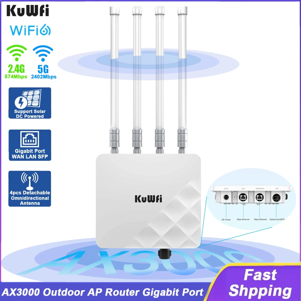 KuWFi AX3000 Outdoor AP Router Dual Band WiFi6 Long Range Extender Repeater Gigabit Ethernet SFP Port 48V POE Solar DC Powered