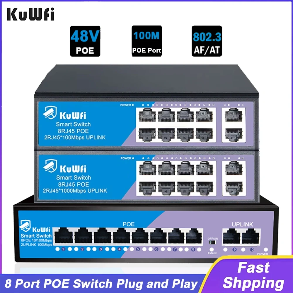 KuWfi 8 Ports POE Switch 100Mbps Ethernet Network Switch 4KV Lightning Protection Plug and Play for CCTV IP Camera Home Security