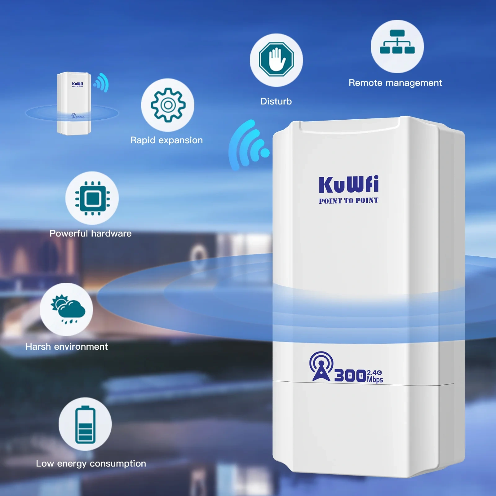 KuWFi Outdoor 300Mbps 2.4Ghz Wi-Fi Router CPE Bridge PTP PTMP 1KM Signal Extender AP Repeater 24V POE for Home Security Camera