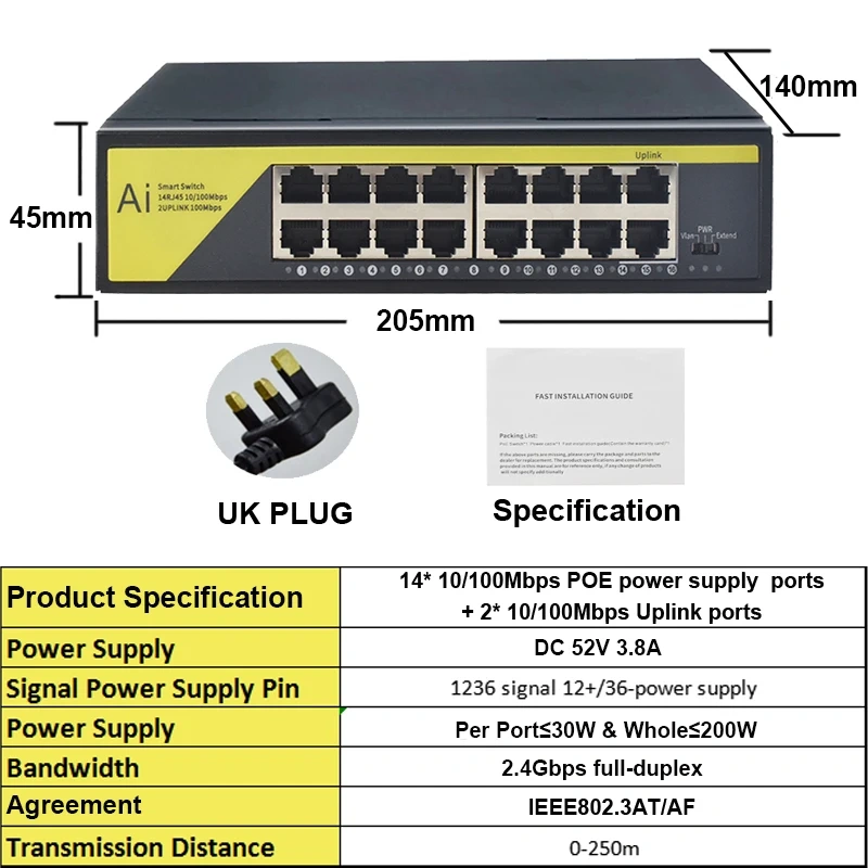 KuWfi 48V POE Switch 16 Port Network Siwtch Ethernet 10/100Mbps for IP Camera/Wireless AP/CCTV Cameras POE Switch IEEE802.3AT/AF