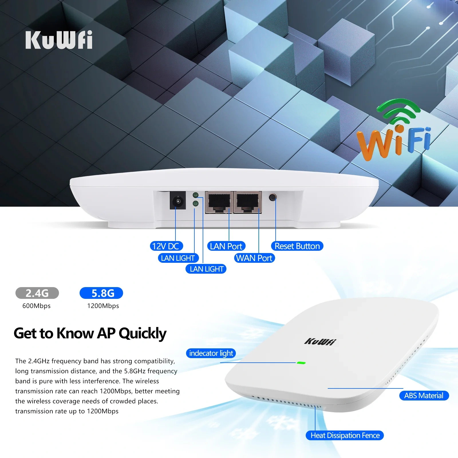 KuWfi 1800Mbps Wifi6 Ceiling Router 2.4GHz 5GHz Dual Frequency Wifi Router Gigabit WAN LAN Port Support 48V POE for Home Office