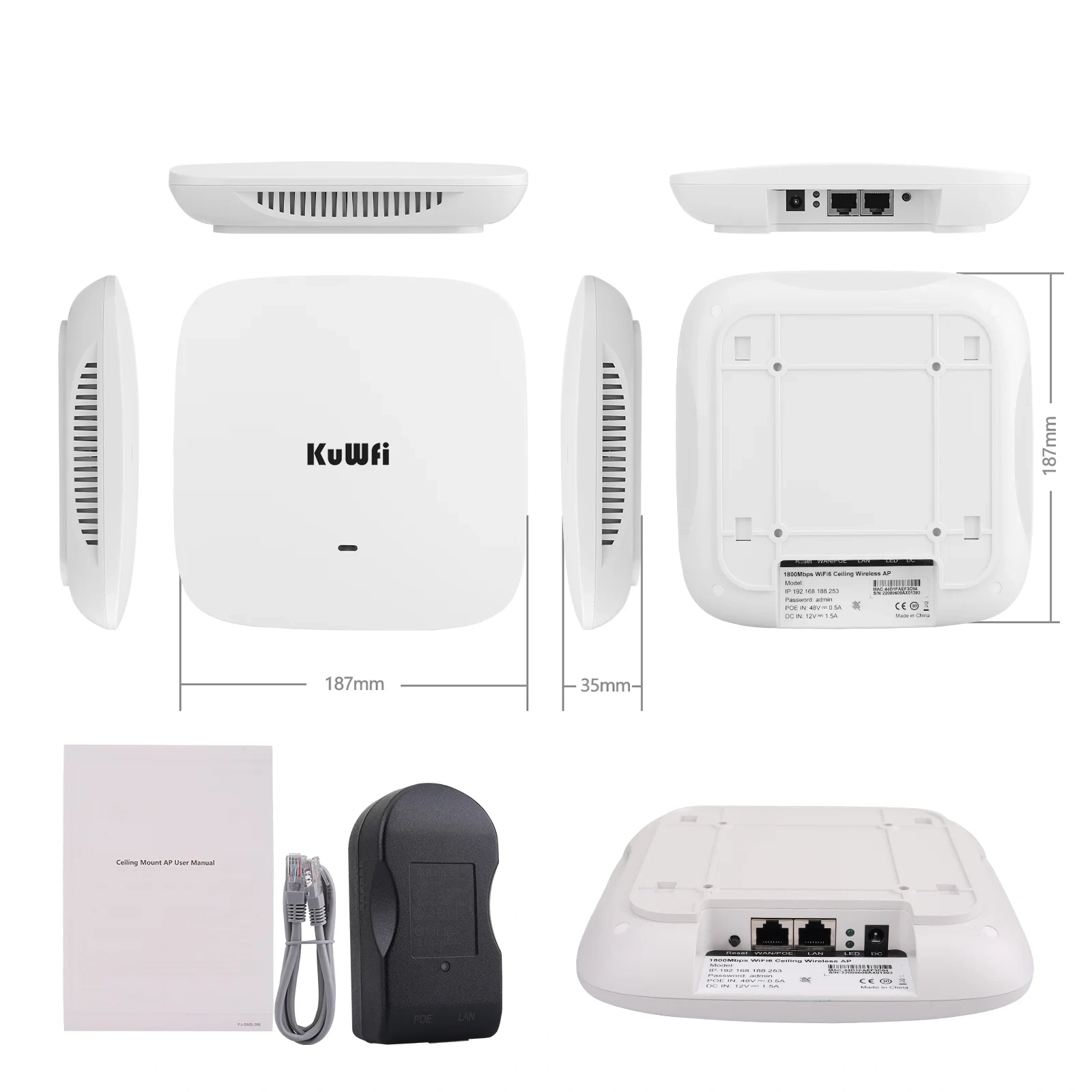 KuWfi 1800Mbps Wifi6 Ceiling Router 2.4GHz 5GHz Dual Frequency Wifi Router Gigabit WAN LAN Port Support 48V POE for Home Office
