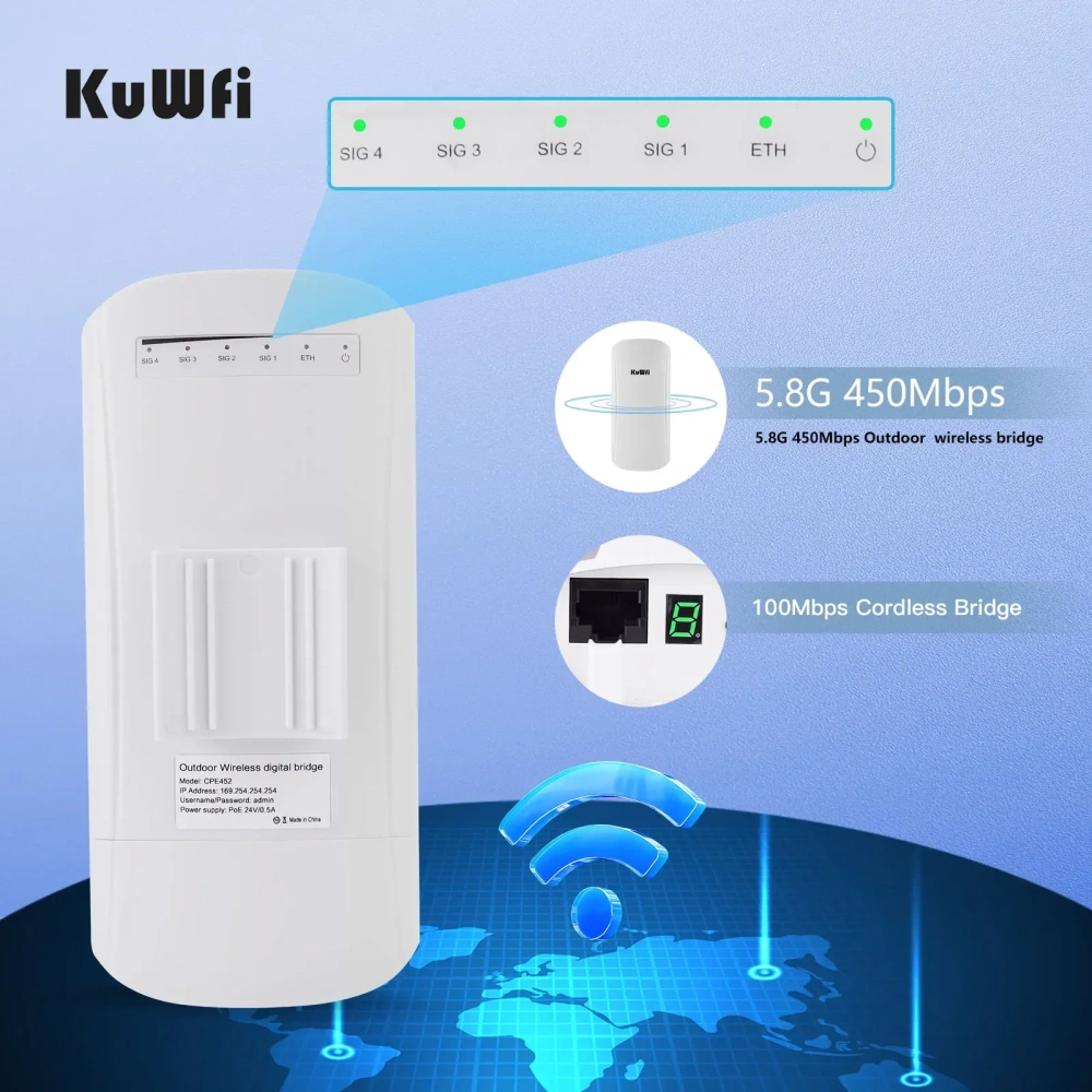KuWfi 5.8G 450Mbps Outdoor CPE Bridge 1-2KM Long Range Access Point Wifi Repeater 12dbi Antenna Wifi Signal Amplifier 24V POE