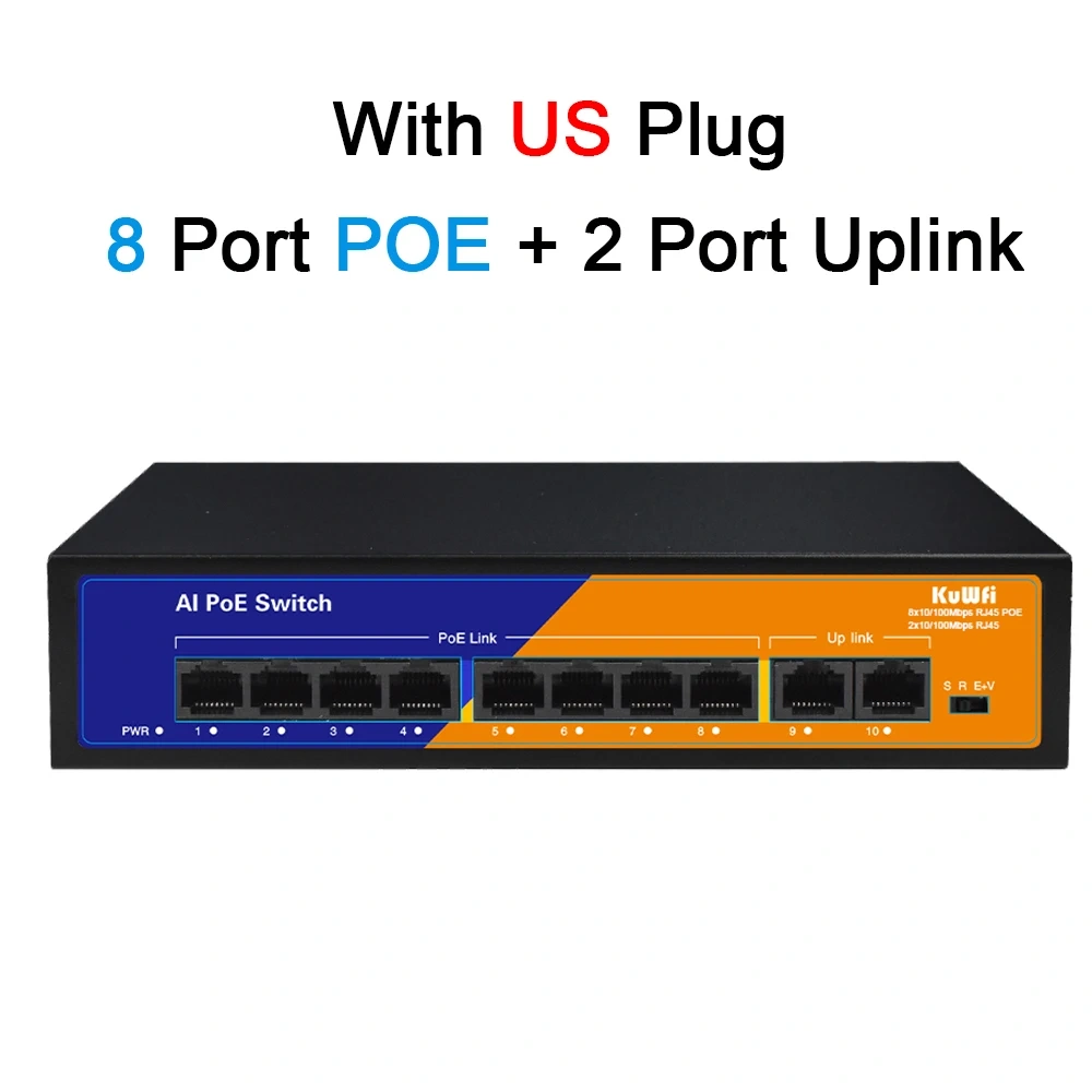 KuWFi 4/8 Port POE Switch 10/100Mbps Ethernet Network Switch Plug and Play Extend Mode 250 Meter for IP Camera AP Router CCTV