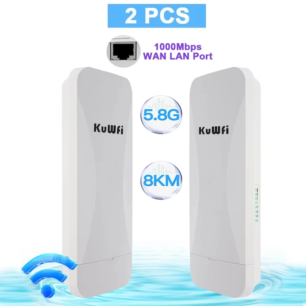 KuWFi 900Mbps 5GHz CPE Bridge Wireless WiFi Signal Amplifier Built-in 18dBi Panel Antenna AP Repeater PTP Up to 8KM Gigabit Port