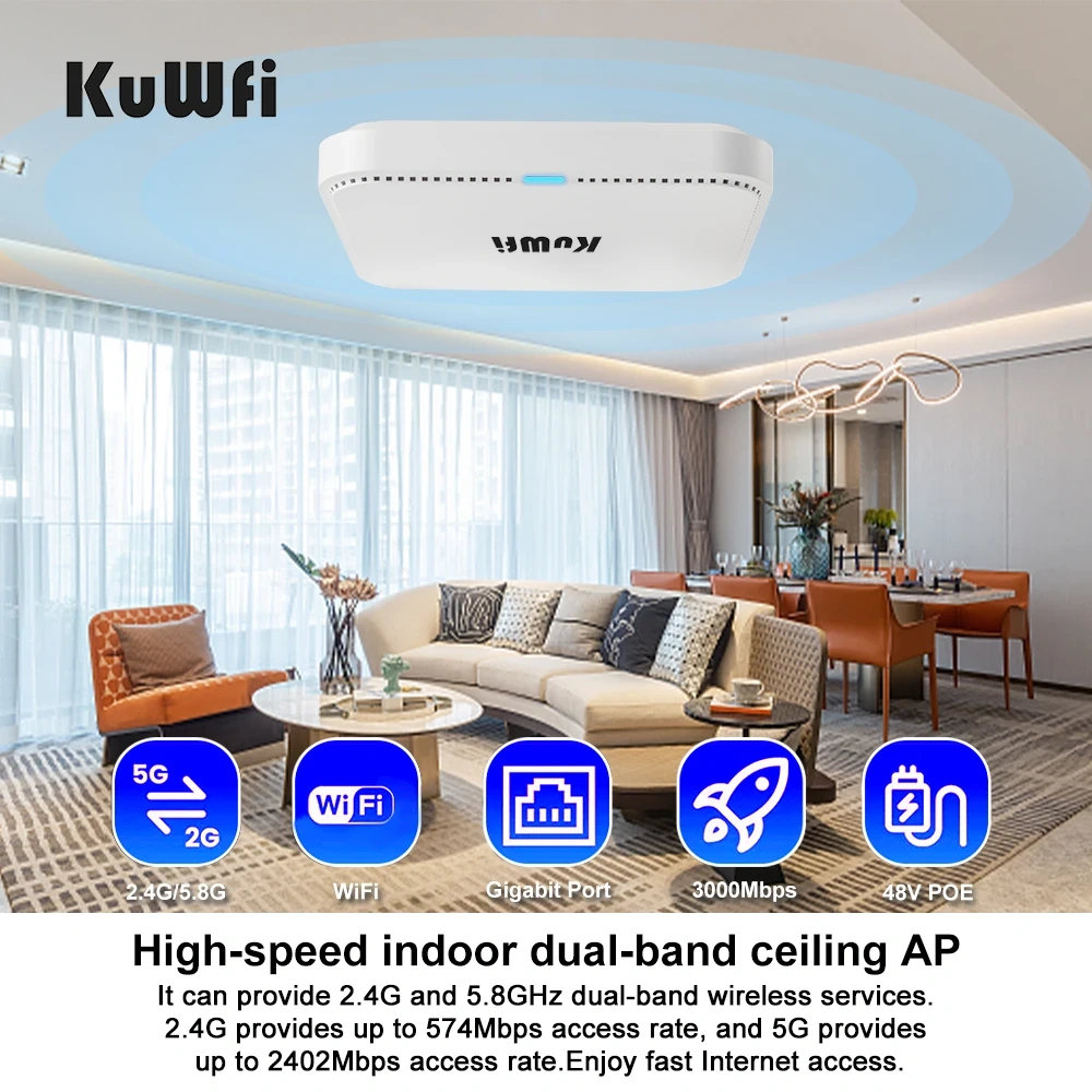 KKuWfi AX3000 Ceiling Wireless AP Router 2.4G 5G Dual Band Wifi 6 Gigabit Ethernet Port WiFi Access Point 48V POE 64 Users
