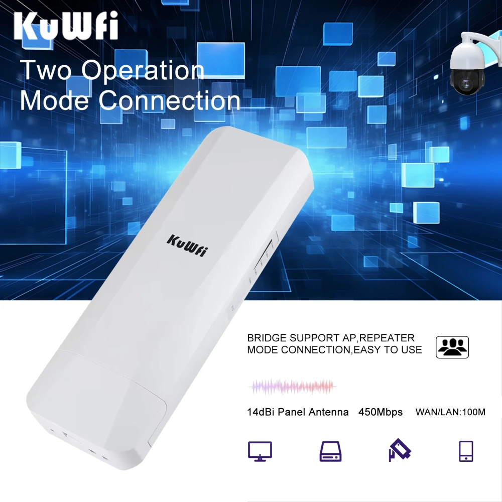 KuWFi 5.8Ghz Outdoor CPE Bridge 450Mbps Wireless WiFi AP Repeater Mode WiFi Coverage Point to Point Up to 3KM 14dBi Antenna IP65