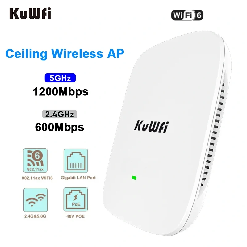 KuWfi 1800Mbps Wifi6 Ceiling Router 2.4GHz 5GHz Dual Frequency Wifi Router Gigabit WAN LAN Port Support 48V POE for Home Office