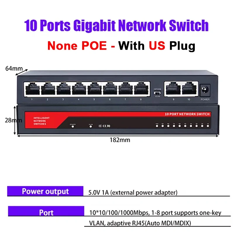 KuWFi Gigabit Network Switches Mini 5/8/10/16 Port 10/100/1000Mbps Fast Ethernet Network Switch Splitter for Office Home No PoE